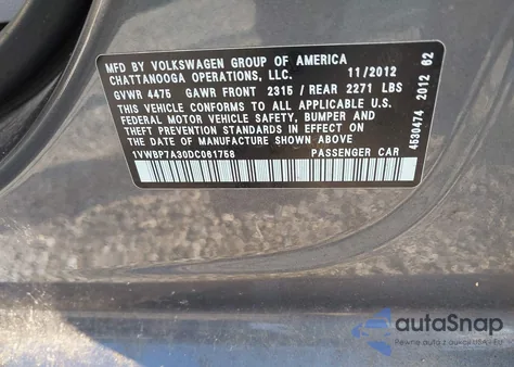 2013 Volkswagen Passat Se from USA, damaged, VIN 1VWBP7A30DC061758